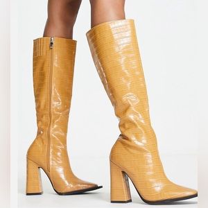 RAID wide fit sphere heeled knee boots in toffee croc